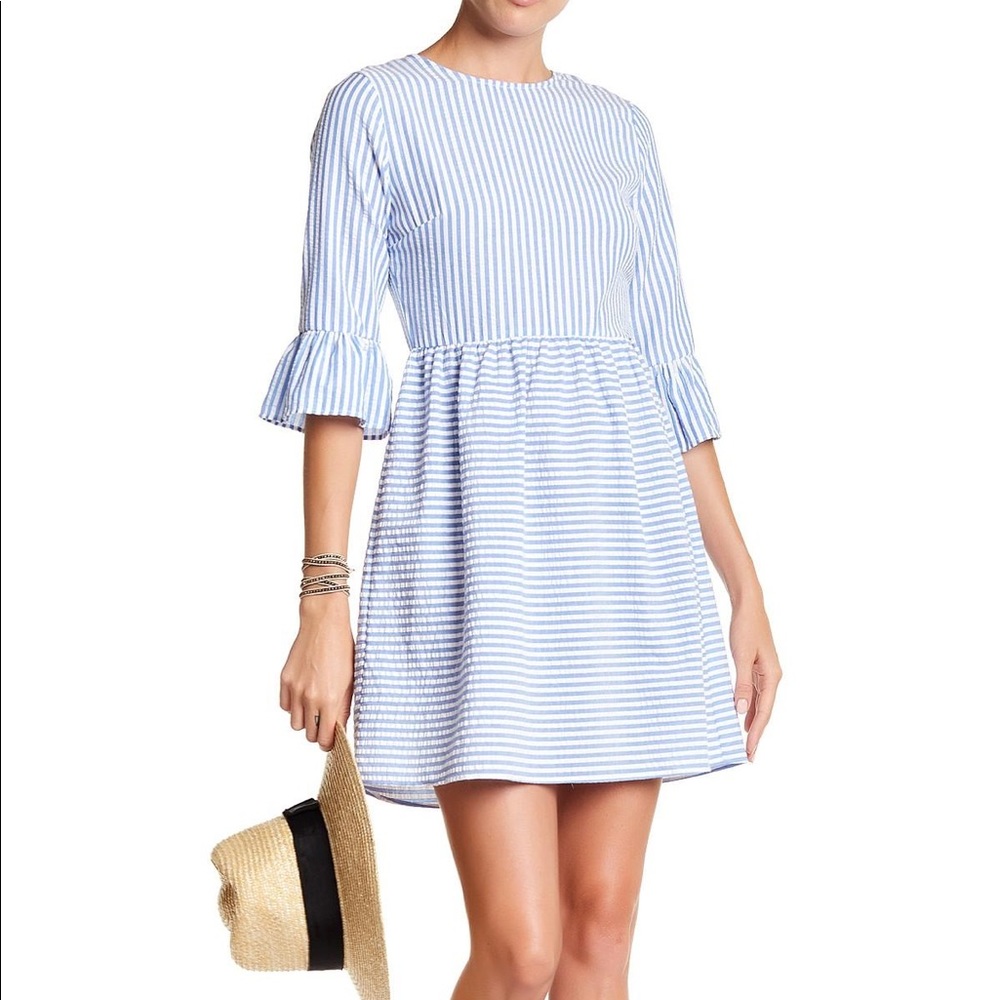 Blue striped seersucker dress ruffle sleeves